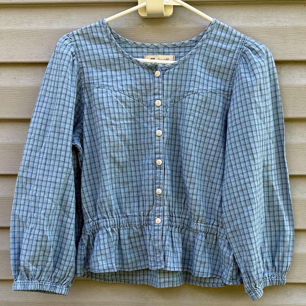 Madewell | Chambray Cropped Peplum Long Sleeve Top size Small